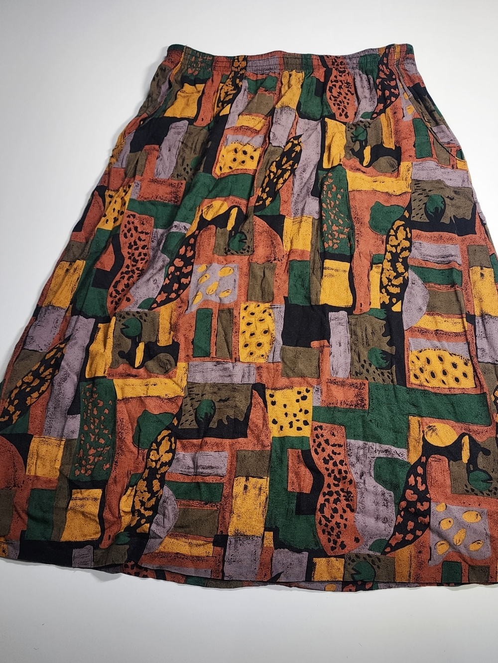 Boho Midi Skirt Earth Tone Print Flowy A Line Brown Green Artsy M L
